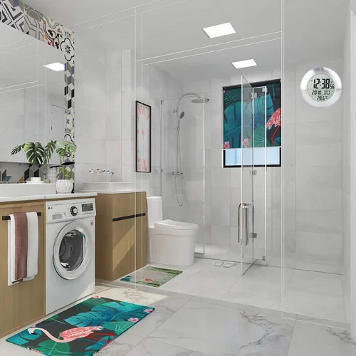 Vista 6 de Reloj digital de pared para ducha de baño, spray impermeable, medidor a prueba de humedad, pantalla grande, calendario mes y fecha