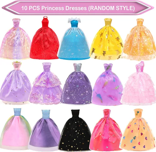 Vista 2 de BARWA 10 piezas de vestidos de muñeca con 17 accesorios hechos a mano ropa y accesorios de muñeca vestidos de boda vestidos de fiesta para muñecas