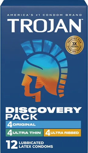 Trojan Discovery Pack, varios condones lubricados de látex para hombres, variedades originales, ultrafinas y ultra acanaladas, 12 unidades