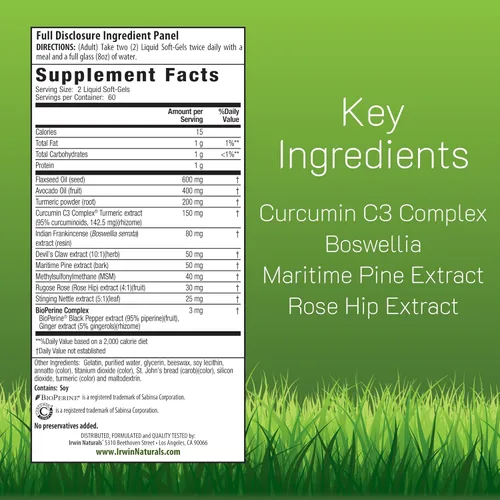 Vista 2 de Irwin Naturals Turmeric+ para todo el cuerpo - BioPerine Complex Absorción Mejorada - 60 cápsulas blandas líquidas