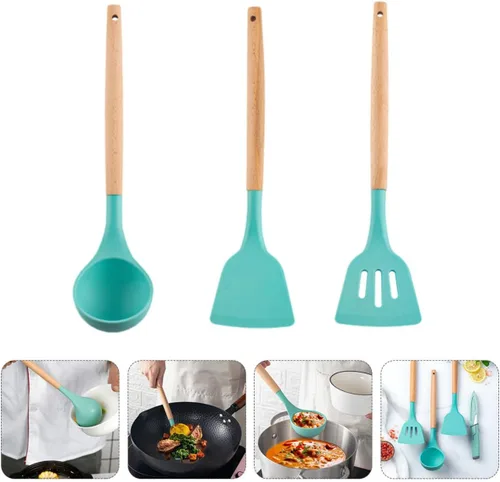 Vista 4 de Silicone Cooking Utensils Set 3Pcs Spatula Ladle and Stir-Fry Spoon Non-Scratch Kitchen Tools for Home Cooking and Food Preparation