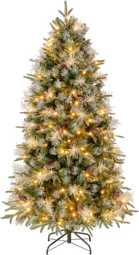 Vista 4 de GOFLAME Árbol de Navidad artificial preiluminado de 5 pies, árbol de Navidad con bisagras con 602 puntas de ramas, 190 luces LED blancas cálidas, 26
