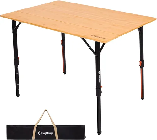 Vista 10 de KingCamp Mesa plegable de bambú, mesa de campamento portátil grande de 47 pulgadas con patas de altura ajustable para suelo irregular, superficie