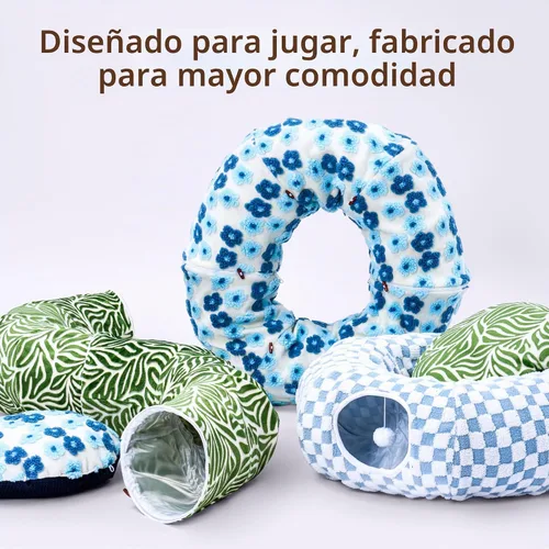 Vista 9 de Meowfia Túnel interior para gatos con cama de rosquilla, gran espacio de juego flexible para múltiples mascotas, forma de círculo o serpiente azul