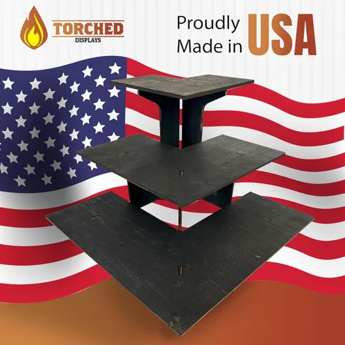 Vista 6 de Mesa expositora de esquina de ébano quemado de 3 niveles con estantes para productos - portátil