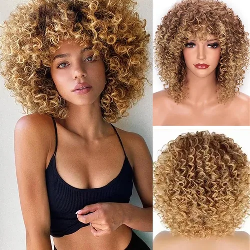 Vista 12 de Peluca Afro Rizada Negra para Mujeres, Pelucas Rizadas para Mujeres Negras, Peluca Rizada Sintética Natural con Flequillo