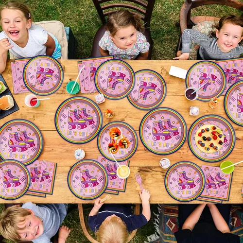 Vista 6 de Qyeahkj 100 piezas de platos y servilletas de patinaje en línea para fiesta rosa, suministros de decoración de cumpleaños con temática de patinaje