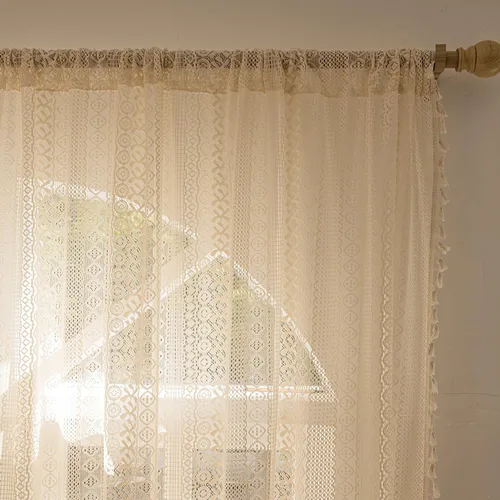 Vista 3 de Sutuo Home 2 paneles de cortinas bohemias de 63 pulgadas de largo para dormitorio, tratamientos de ventana bohemias de encaje de ganchillo Geometría