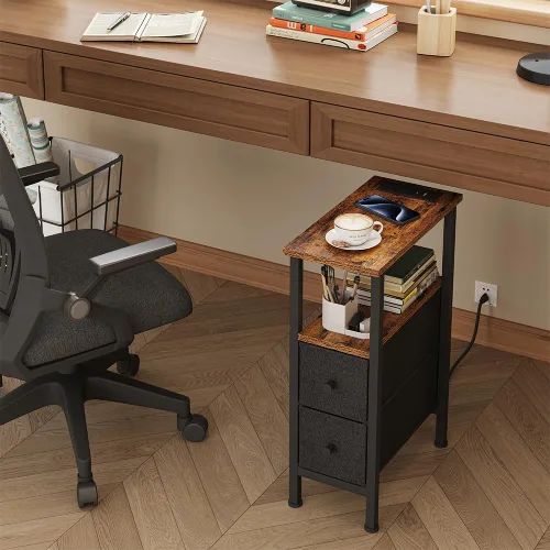 Vista 4 de Mesa auxiliar estrecha para espacios pequeños, mesa auxiliar delgada con estación de carga, mesa auxiliar junto al sofá con 2 cajones, 1