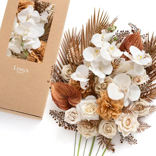 Vista 40 de Ling's moment Caja de flores artificiales, tallos de follaje artificial falso, rosas de espuma, dalia de seda, hierba de pampas, flor de tela