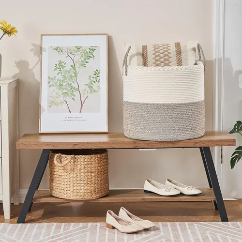 Vista 5 de KAKAMAY Cesta grande para manta (18 x 18 x 16 pulgadas), cesta tejida para ropa sucia para bebé, cestas de cuerda de algodón para guardería, Blanco