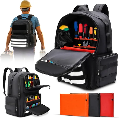Mochila de herramientas resistente con 3 bolsas de almacenamiento, bolsa organizadora de herramientas táctica reflectante con soporte acolchado para