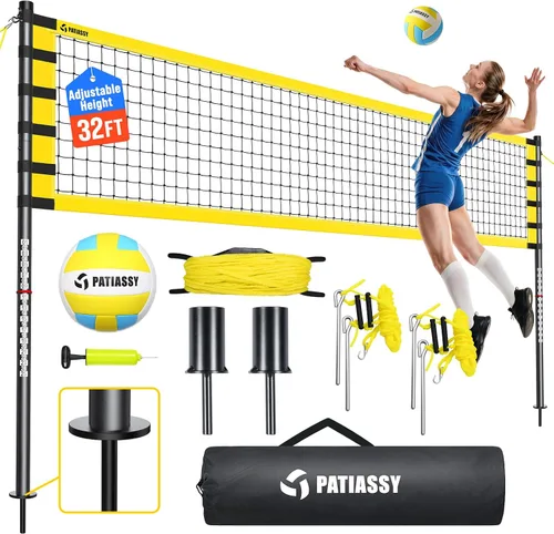 Outdoor Volleyball Net for Backyard, 32FT Anti-Sag Net with Steel Poles | 24-Ply Anti-Sag PE Net, 3 Official Adjustable Height, Easy Setup, Complete