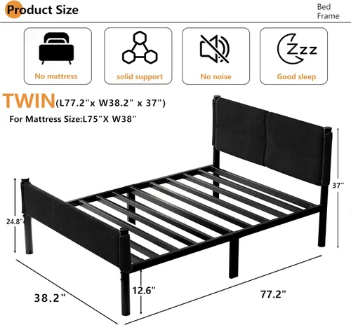 Vista 2 de Base de cama metálica, base de cama tamaño individual de 14 pulgadas con espacio de almacenamiento, base de colchón resistente y de trabajo pesado