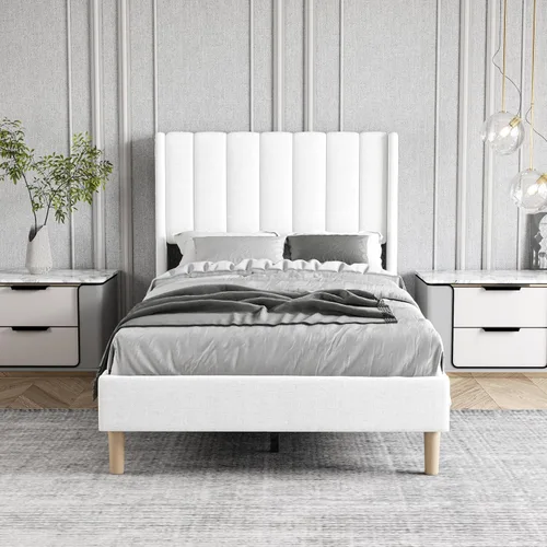 Vista 69 de Zoophyter Base de cama tapizada de plataforma tamaño King con cabecero, listones de madera fuertes, no necesita somier, fácil montaje, lino blanco