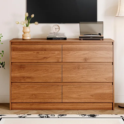 Vista 8 de Chrangmay Cómoda de 6 cajones, cómoda de mediados de siglo de 47 pulgadas de ancho, cómoda de madera con 6 cajones de almacenamiento
