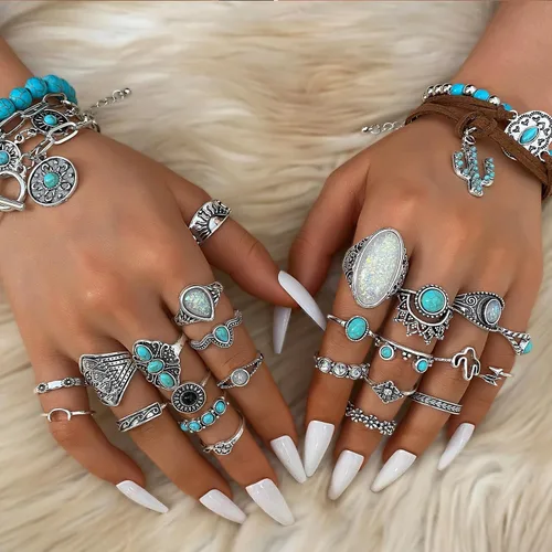 Vista 3 de IFKM Bohemian Jewelry Set With Turquoise Necklace, Dangle Earrings, Stackable Bangle Bracelets, Knuckle Rings For Women Vintage Western Boho