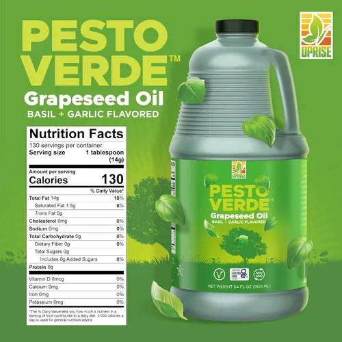 Vista 2 de Aceite de semilla de uva Pesto Verde – Botella a granel de 64 onzas Aceite de albahaca con sabor a pesto para cocinar, asar y preparar comidas