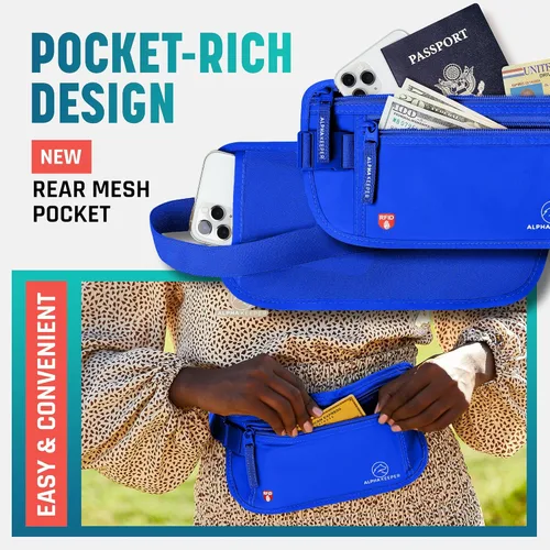 Vista 3 de Cinturón de dinero para viajes RFID delgado soporte para pasaporte bolsa de viaje para proteger tus papeles importantes y dinero tela suave e