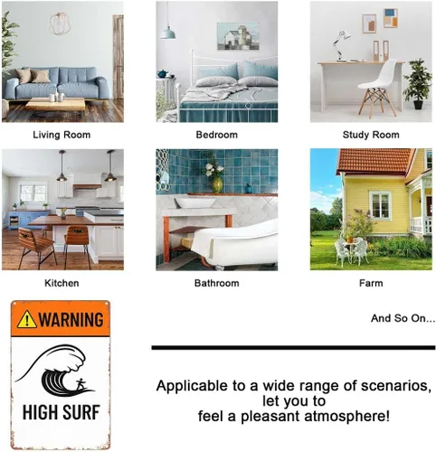 Vista 2 de Retro Metal Sign High Surf, Warning High Surf, Ocean Decor, Waves,Text Art Poster Home Wall Decor, For Bedroom, Living Room, Bar