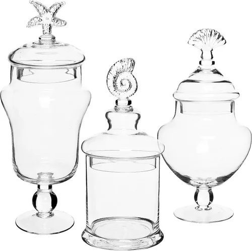 Vista 7 de MyGift Tarros de boticario de vidrio transparente con tapa, recipiente decorativo de baño con diseño de conchas marinas, recipientes para bufé
