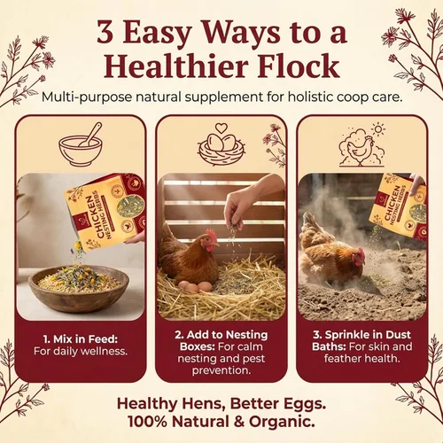 Vista 6 de Hierbas de anidación de pollo prémium de 21 onzas, hierbas de pollo 100% orgánicas para gallinas ponedoras, ambientador de ropa de cama Coop