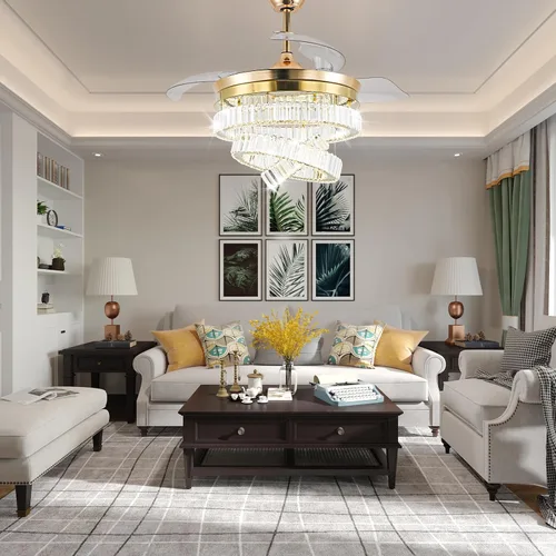 Vista 7 de CLAIRDAI Ventilador de techo de 42" de oro con candelabro de cristal y luces con APP y control remoto, lámparas regulables, 3 cambios