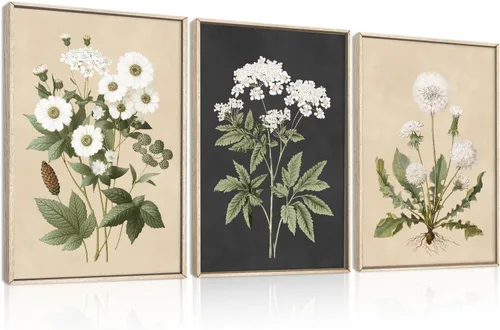 Vista 26 de HOURIA Navy Blue Neutral Tan Leaf Framed Canvas Wall Art Set,Wabi Sabi Boho Mid Century Leaves Wall Decor,Modern Abstract Minimalist Beige Botanical