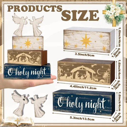 Vista 2 de Moucuny 4 Piezas de Decoración de Mesa de Ángel de Navidad, Letrero Decorativo Navideño de Madera, Escena de Nacimiento, Bandeja Escalonada, Centros