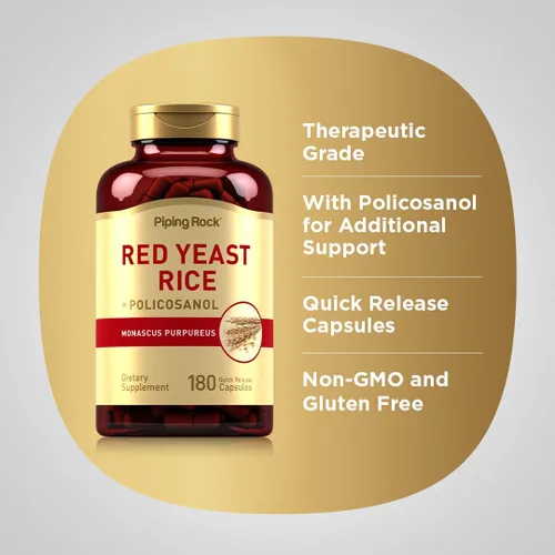 Vista 4 de Piping Rock Arroz de levadura roja con policosanol 180 cápsulas 600 mg Suplemento sin OMG, sin gluten