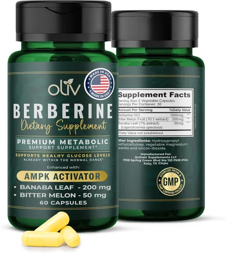 oliv Cápsulas de suplemento de berberina pura – Berberina HCI 1000 mg – Apoyo metabólico natural con 200 mg de extracto de fruta de melón amargo y
