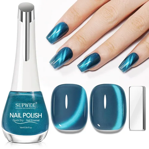 Vista 13 de Esmalte de uñas magnético de secado rápido, color negro y azul Negro azul