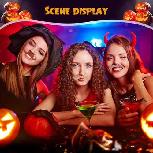 Vista 4 de 48 piezas de bigotes falsos, autoadhesivos, novedosos bigotes, fiesta de máscaras, suministros para fiesta de disfraces de Halloween