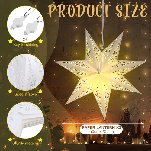 Vista 2 de 3 Piezas Faroles de Papel de Navidad de 20 Pulgadas con Forma de Estrella Decorativos de 7 Puntas de Papel Blanco con 6 Piezas de Luces LED