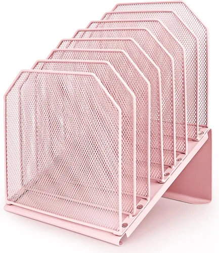 SUMMORO Organizador de archivos inclinado para escritorio, soporte de carpetas verticales de 7 niveles, organizador de escritorio de oficina, Rosado