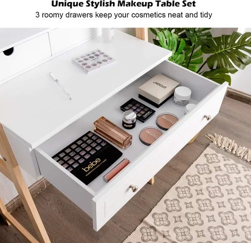 Vista 6 de CHARMAID Escritorio pequeño con espejo, escritorio de maquillaje blanco con 3 cajones, alturas ajustables, tocador compacto para dormitorio