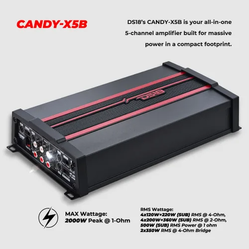 Vista 2 de DS18 CANDY-X5B Amplificador en negro - Clase D, 5 canales, 2000 vatios máximo, digital, 1/2/4 ohmios, con controlador de nivel de subwoofer remoto