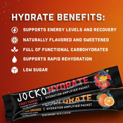 Vista 4 de Jocko Fuel Hydrate Electrolytes Powder Packets Bundle (Fruit Punch + Island Orange) - Paquetes amplificadores de hidratación para recuperación