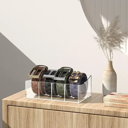 Vista 5 de Organizador de cinturón, soporte de almacenamiento de cinturón acrílico para el armario y el cajón, 4 compartimentos para cinturón, vitrina