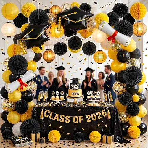 Vista 3 de ADLKGG 16 decoraciones de fiesta de abejas – abanicos de papel de seda amarillo, negro y blanco, faroles de papel, pompones, bolas de panal