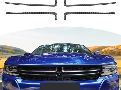 RT-TCZ para Charger Insertos de Parrilla Frontal Cubierta de Adorno de Fibra de Carbono para Dodge Charger 2015 en adelante Negro ABS Fibra de