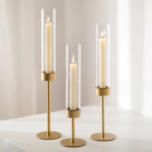 Portavelas de vidrio para huracanes dorados - Romadedi Portavelas cónicos de vidrio transparente alto para mesa, centro de mesa para bodas, fiestas,