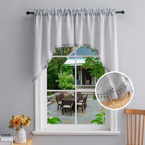 Vista 24 de Beda Home - Cenefas de lino texturizado con borlas para cocina de granjas; decoración rústica con filtro de luz para ventanas pequeñas, dormitorio
