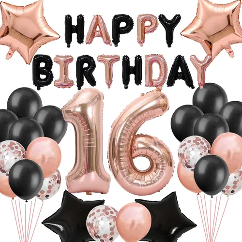 Vista 9 de Decoraciones de cumpleaños número 14: globos de papel de aluminio de estrella con el número 14 de oro rosa, confeti de látex para su fiesta