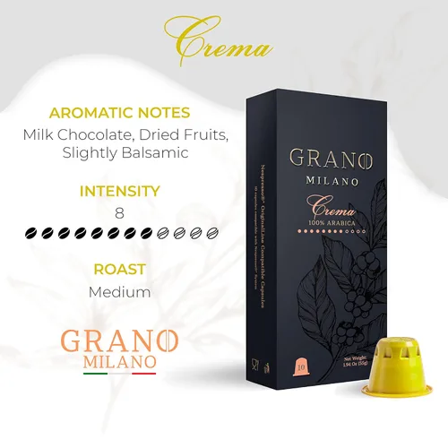Vista 2 de Grano Milano Crema - 50 cápsulas de café expreso compatibles con la línea original Nespresso, 100% arábica tostado medio, intensidad 8/12, cápsulas