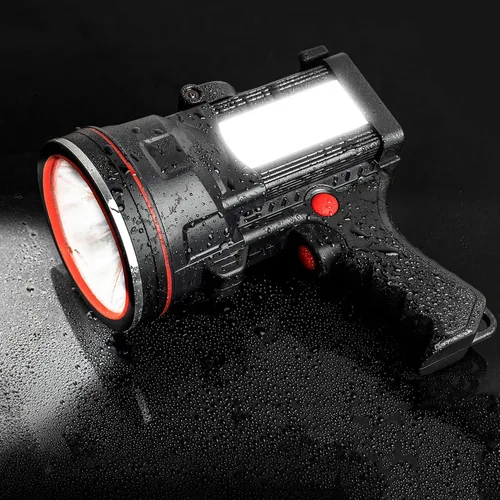 Vista 2 de Linterna de foco recargable, luz de mano impermeable para exteriores, soporte integrado y cargador de teléfono, luz de emergencia para campamento