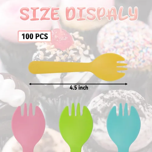 Vista 2 de 100 mini tenedores desechables de plástico para pasteles, tenedor y cuchara dos en uno, tenedores envueltos individualmente para pasteles, postres