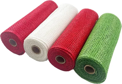 Vista 6 de 4 rollos de malla de arpillera de poliéster de 10 pulgadas, rollos de malla de arpillera de poliéster verde para decoración de Navidad, fabricación