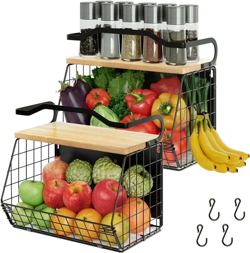 Vista 14 de Estante Magnético para Refrigerador con Tapa de Madera, Cesta de Frutas Resistente, Contenedores de Almacenamiento de Frutas, Papas y Cebollas