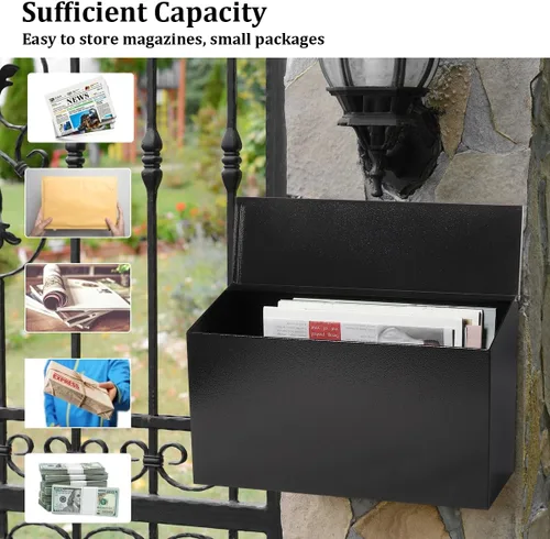 Vista 2 de Decaller Buzón de Pared para Montar, Buzón de Correo con Gran Capacidad, Buzón Postal de Metal a Prueba de Óxido para Exterior, Negro